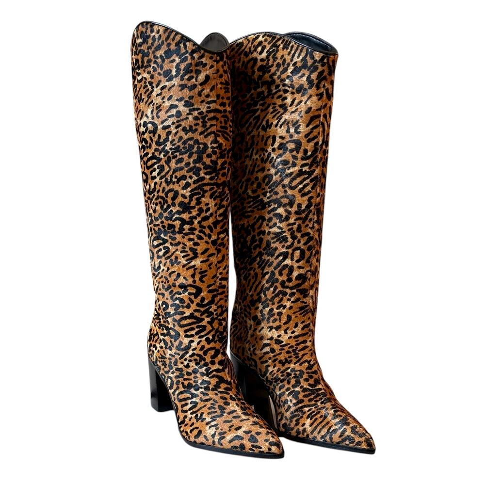 SCHUTZ Maryana Wild Leather Boots Block Heel Leopard Print Womens 7.5 NEW